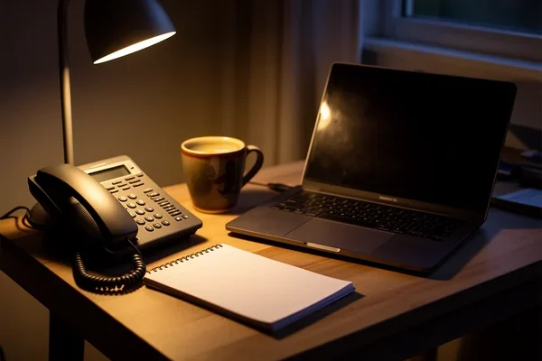 A small home office desk at dusk, a desk phone beside a closed laptop, a mug and a notepad, warm lamp light