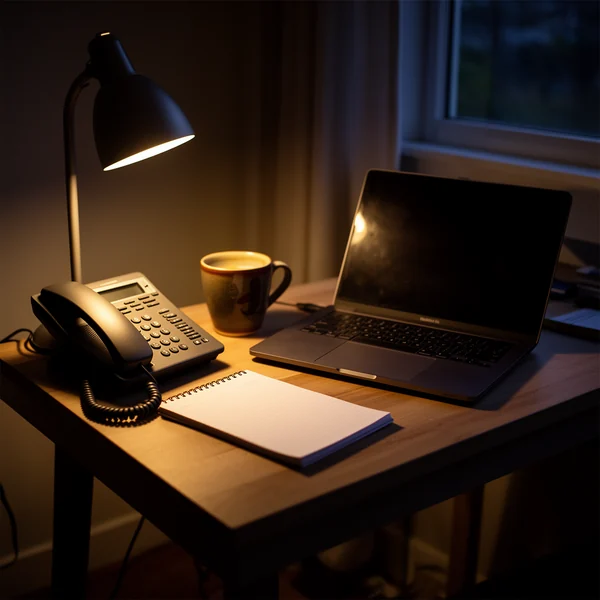 A small home office desk at dusk, a desk phone beside a closed laptop, a mug and a notepad, warm lamp light