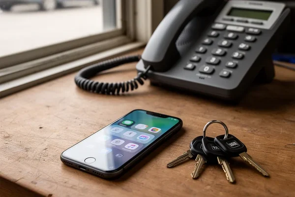 iPhone on a workbench showing the phone settings screen, next to a desk phone and a service van key