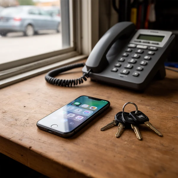 iPhone on a workbench showing the phone settings screen, next to a desk phone and a service van key