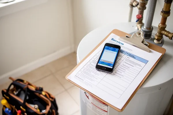 Technician's smartphone resting on a clipboard in a Florida home's utility room beside a water heater