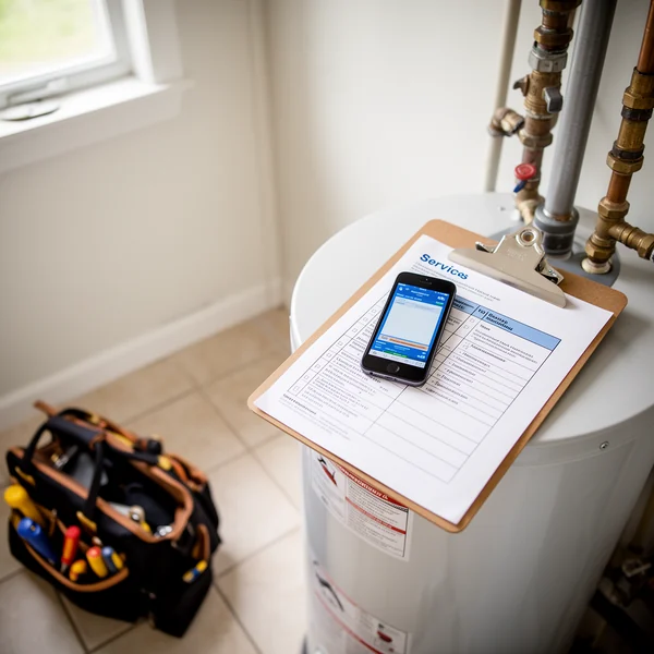 Technician's smartphone resting on a clipboard in a Florida home's utility room beside a water heater