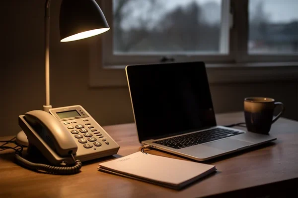 A small home office desk at dusk, a desk phone beside a laptop turned away from the camera, a mug and a notepad, warm lamp light