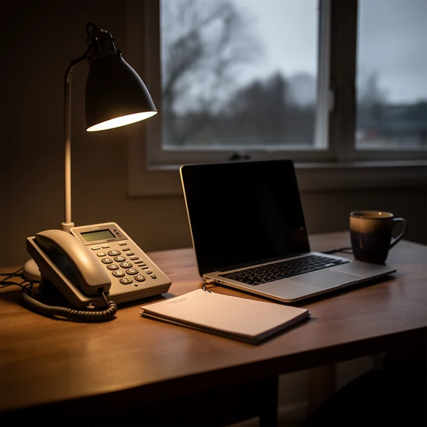 A small home office desk at dusk, a desk phone beside a laptop turned away from the camera, a mug and a notepad, warm lamp light