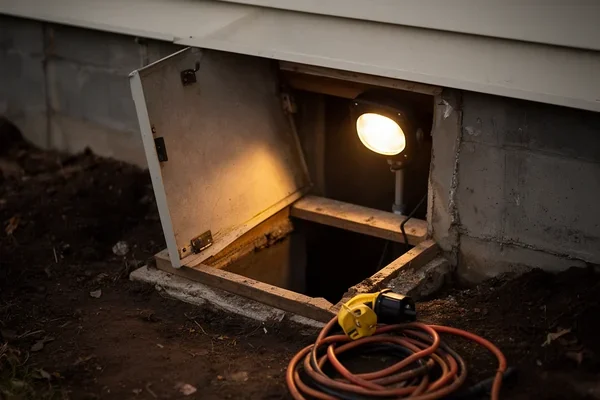 An open crawlspace hatch beside a house foundation with a work light glowing inside, damp earth and a coiled extension cord at the entrance
