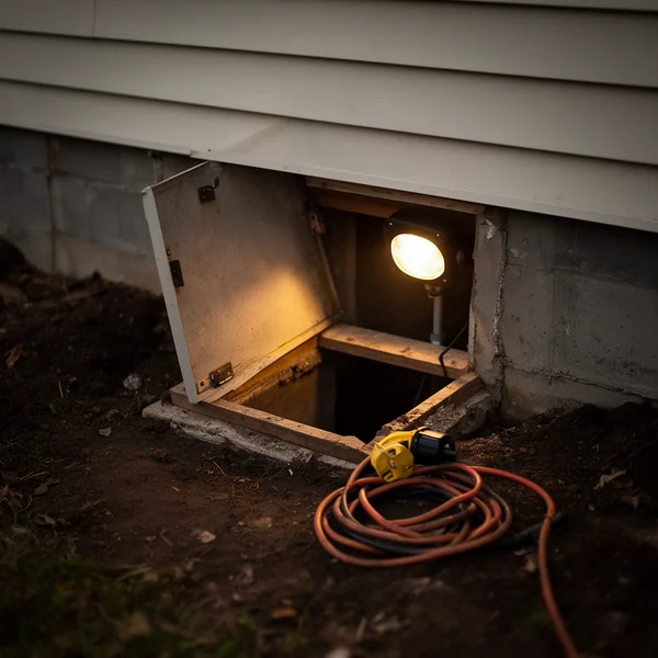 An open crawlspace hatch beside a house foundation with a work light glowing inside, damp earth and a coiled extension cord at the entrance