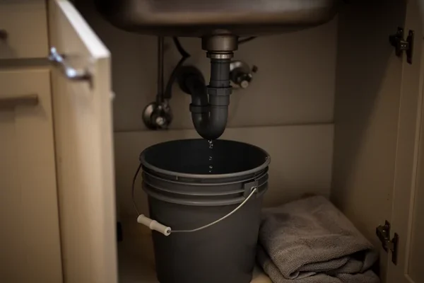 A bucket under a kitchen sink catching a slow drip from a trap, cabinet door open, a towel folded beside it