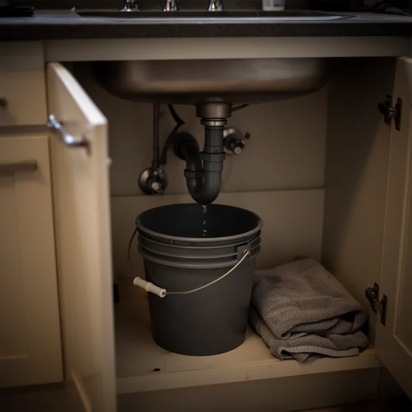 A bucket under a kitchen sink catching a slow drip from a trap, cabinet door open, a towel folded beside it