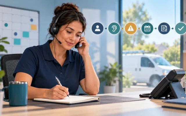 Service business dispatcher following a six-step phone answering script while recording caller details