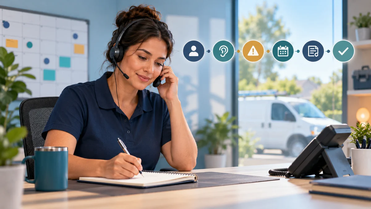 Service business dispatcher following a six-step phone answering script while recording caller details