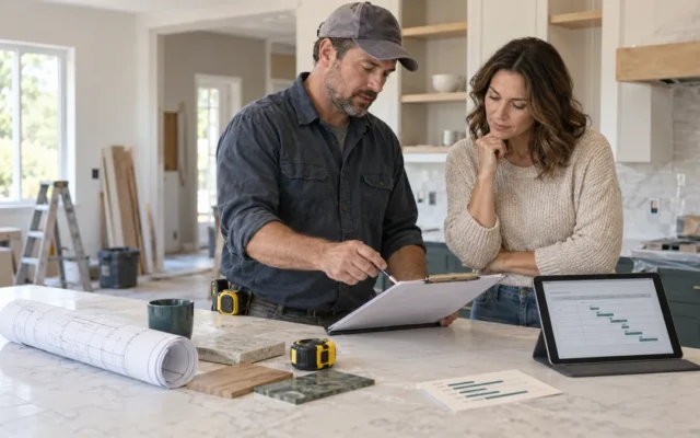 Contractor and homeowner reviewing a written change order, revised scope and schedule at a kitchen renovation