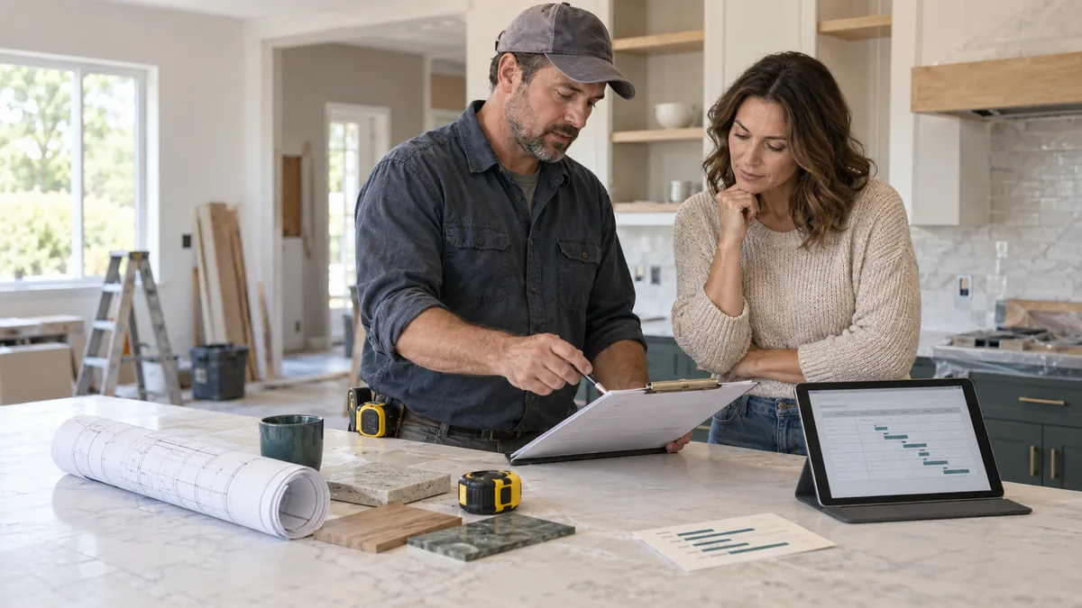 Contractor and homeowner reviewing a written change order, revised scope and schedule at a kitchen renovation