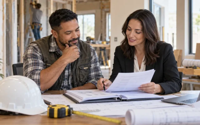 Contractor and bond professional reviewing surety paperwork at an active renovation site
