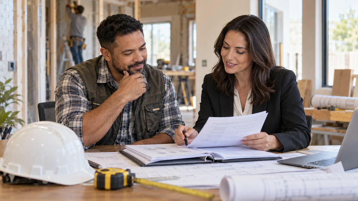 Contractor and bond professional reviewing surety paperwork at an active renovation site