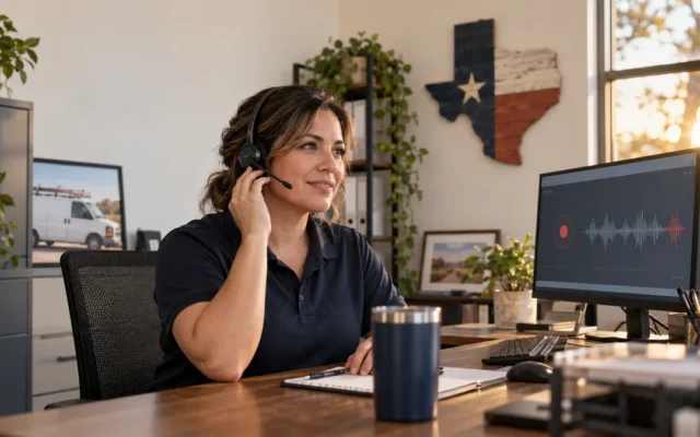 Texas service business owner reviewing a recorded customer call at a dispatch desk