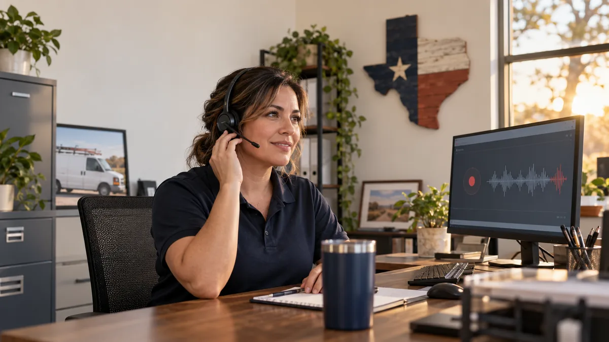 Texas service business owner reviewing a recorded customer call at a dispatch desk