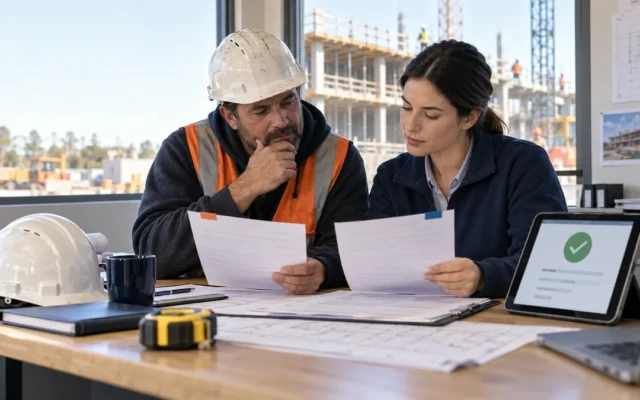 Contractor and project administrator reviewing lien waiver payment documents at a jobsite office