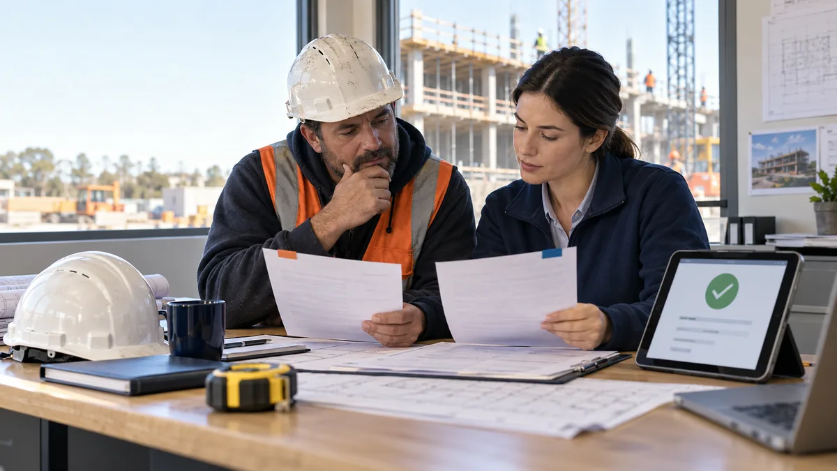 Contractor and project administrator reviewing lien waiver payment documents at a jobsite office