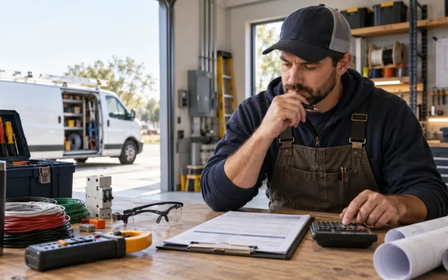 Electrical contractor calculating labor and material costs at a workshop desk