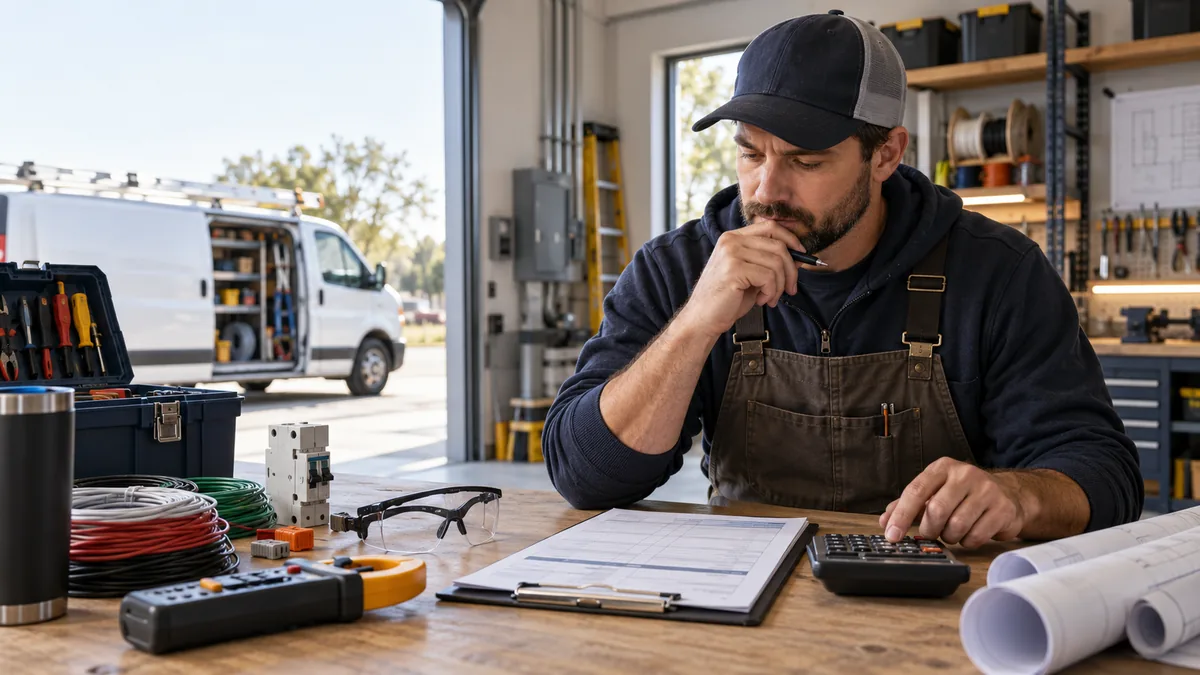 Electrical contractor calculating labor and material costs at a workshop desk