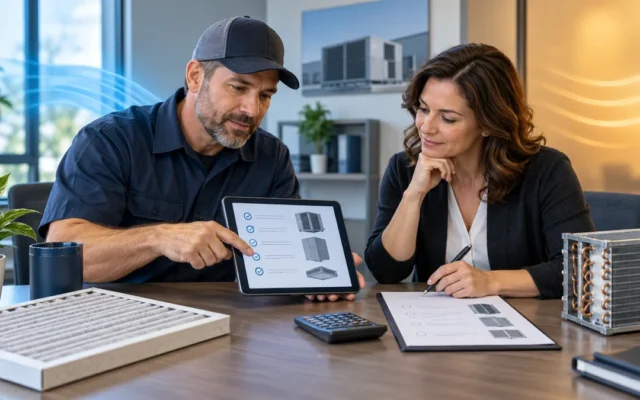 HVAC technician and office manager reviewing a maintenance agreement and equipment checklist