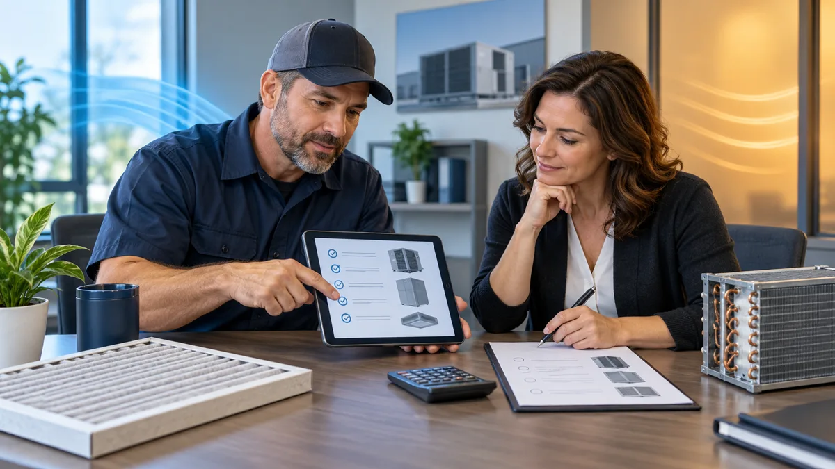 HVAC technician and office manager reviewing a maintenance agreement and equipment checklist