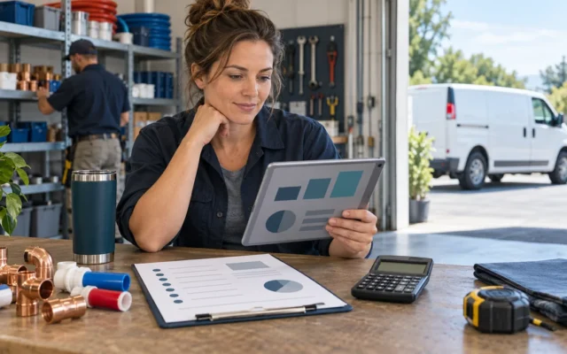 Plumbing company owner reviewing a job-cost worksheet with fittings, calculator and service van