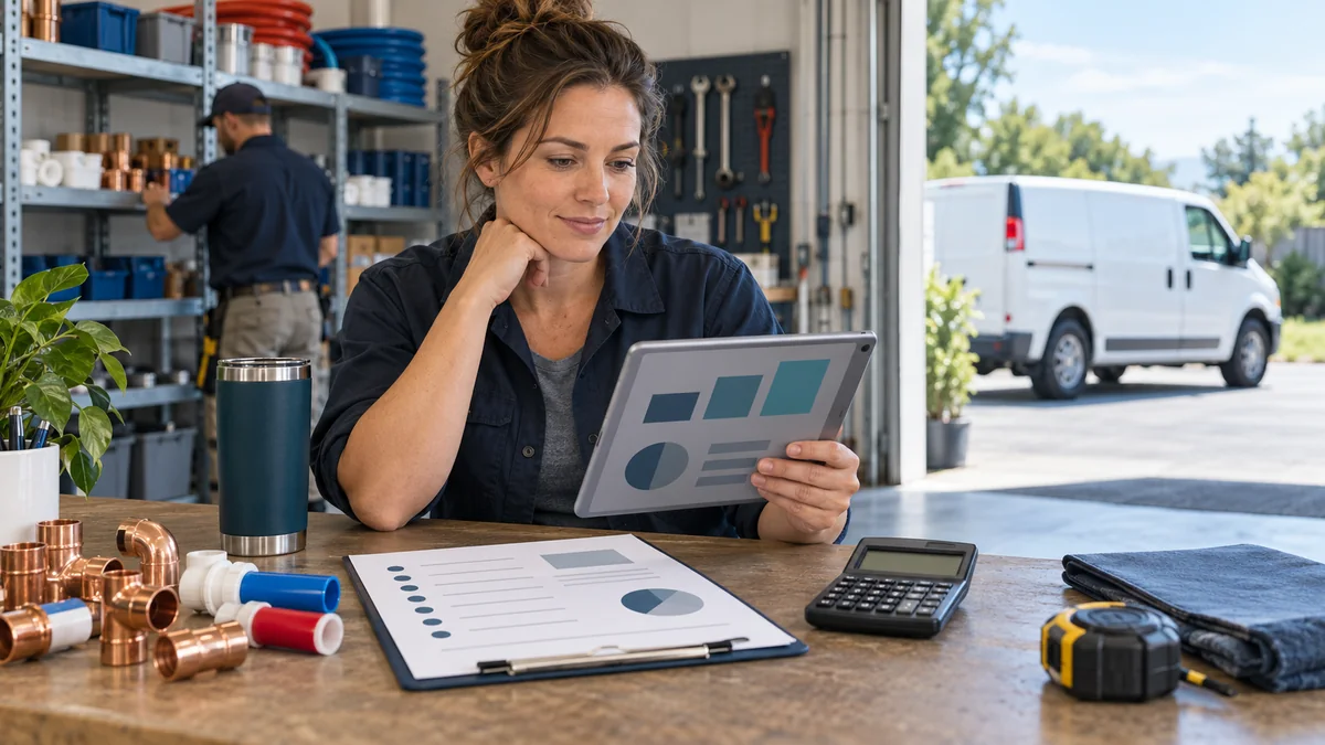 Plumbing company owner reviewing a job-cost worksheet with fittings, calculator and service van