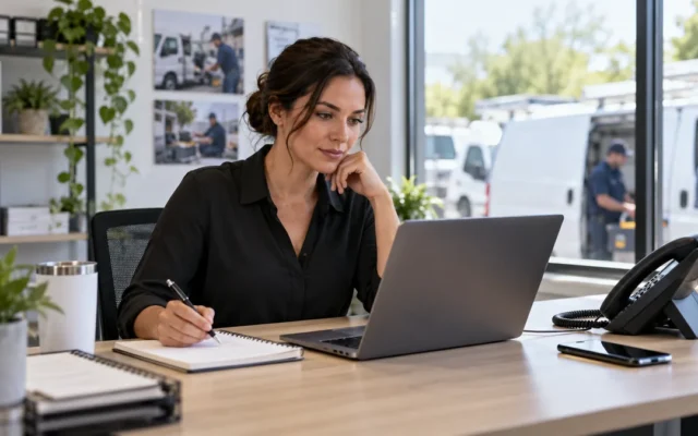 Small-business operations manager reviewing a phone number migration checklist at a dispatch desk