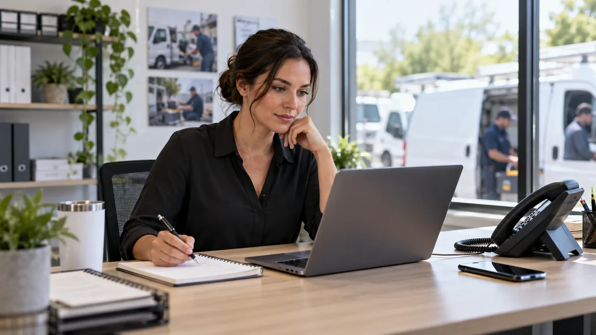 Small-business operations manager reviewing a phone number migration checklist at a dispatch desk