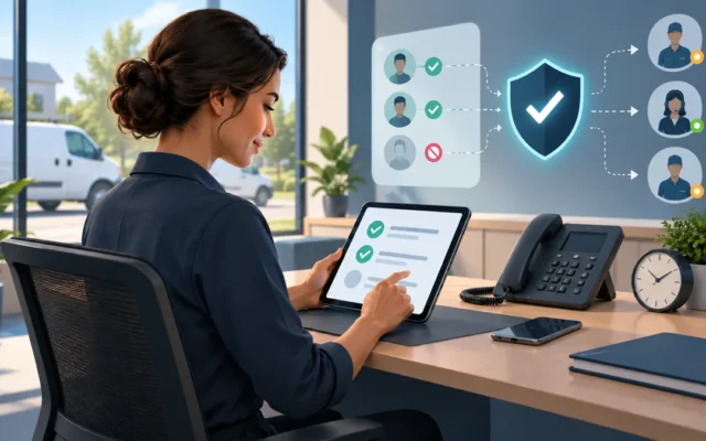 Service-business operations manager reviewing consent and opt-out controls at a dispatch desk