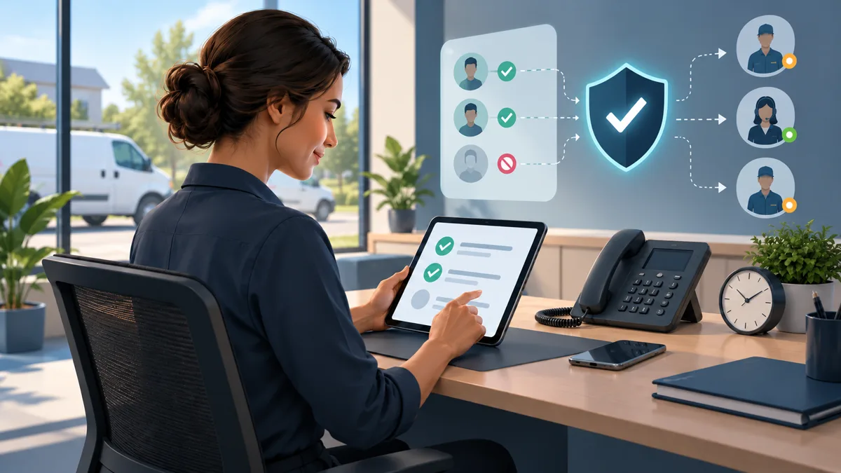 Service-business operations manager reviewing consent and opt-out controls at a dispatch desk