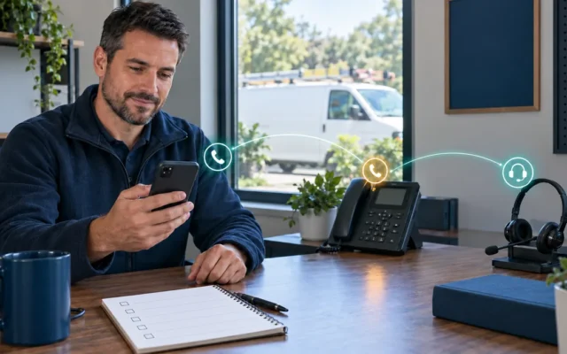 Service-business owner verifying call forwarding from a mobile phone to an office phone and dispatcher headset