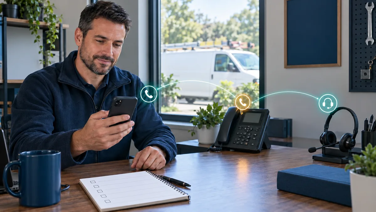 Service-business owner verifying call forwarding from a mobile phone to an office phone and dispatcher headset